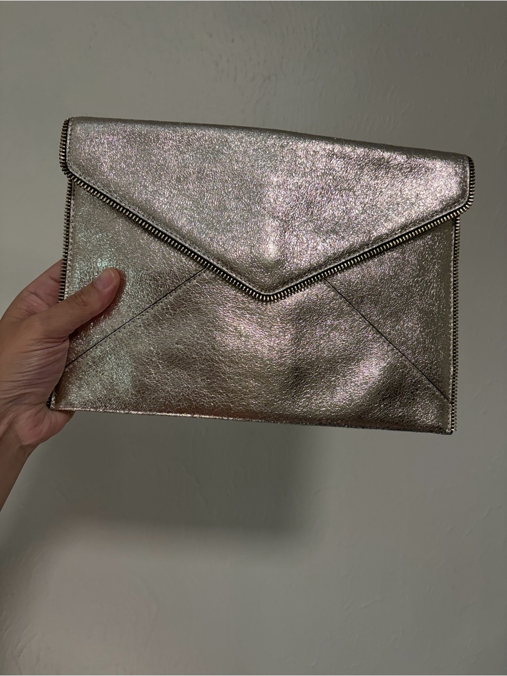 Rebecca Minkoff silver Metallic Leo Zipper Trim Envelope Clutch